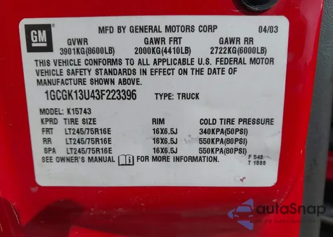 2003 Chevrolet Silverado 1500Hd Ls из США, поврежденный, VIN 1GCGK13U43F223396